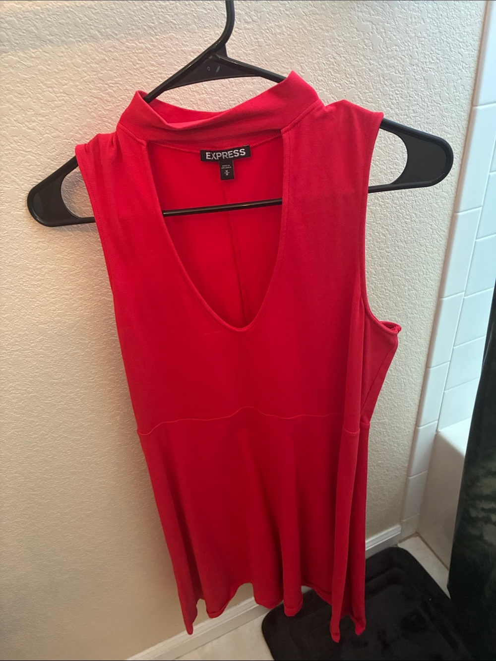 Express Women’s Sleeveless Red V-Neck Dress with Mock Collar